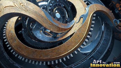 Curving bronze ribbons wind through dark steel gears and cogs under soft light