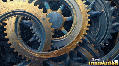 In a dark workshop, curved brass and blue steel gears overlap closely