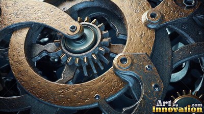 Turning together, curved bronze levers fit over a steel clock gear