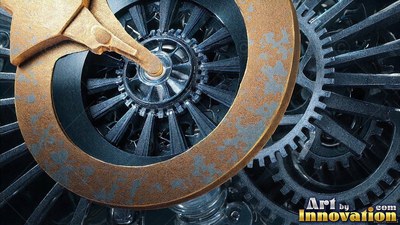 Gold balance wheel over dark steel gears in close-up