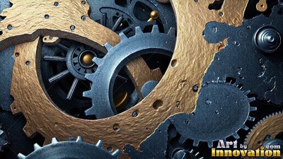 Rough textured brass surfaces cover interlocking dark steel gears inside a clock mechanism