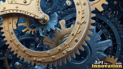 Brass gears interlock with dark blue steel wheels under soft cool lighting