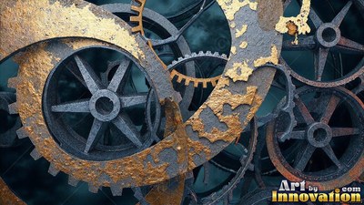 Angled view of rusty gray and gold metal gears interlocked in dark smoke