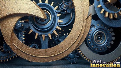 Curved gold blades rest over interlocking blue and brass gears