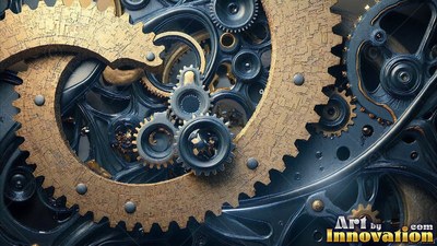 Inside a machine, curved brass gears interlock with dark steel cogs