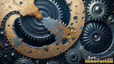 Interlocking together, worn steel gears and a pitted brass plate mesh closely