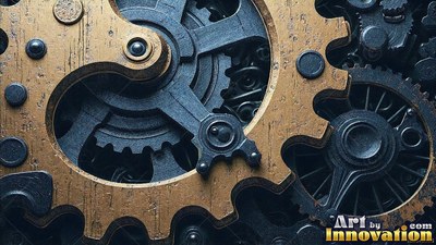 Scratched brass teeth lock into dark steel gears inside a mechanical clockwork