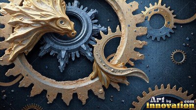 A sculpted golden fish rests on interlocking gears against a textured blue background