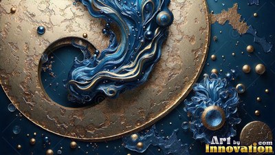 Curling across a rough gold ring , thick blue swirls flow over a dark background