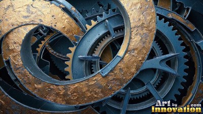 A textured gold spiral curves over interlocking dark blue metal gears