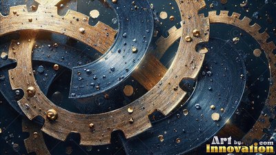 In dark water, curved brass gears and dark steel rings turn among droplets