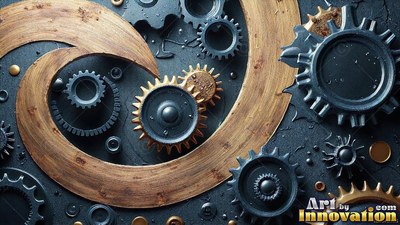 Curving across dark stone, wooden spirals frame dark metallic gears and cogs