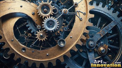 Gold and blue metal clock gears fitting together tightly