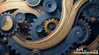 Toothed metal wheels and cogs interlock together beneath curved bands of brushed gold paint