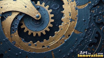 Seen from above, gold and dark blue toothed metal wheels curve together