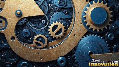 Inside a clock mechanism, brass and blue toothed metal wheels interlock tightly