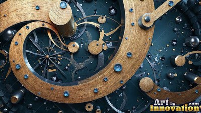 Curving in a tight spiral, golden clockwork gears turn against a dark blue base