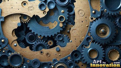 Dark blue and brass gears fitted inside clockwork machinery