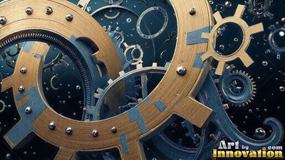 Silver studs line brass and blue cogs resting against a dark, speckled metal backdrop