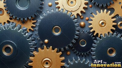 Metallic gears mesh together across a flat surface under soft highlights of gold and dark gray