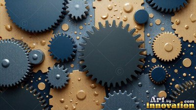 Lying flat on a wet surface, blue and gold cogs fit together closely