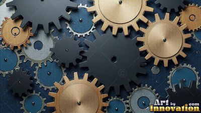 Dark gray and brass cogs fit together over a textured blue surface