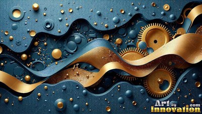 Flowing across blue layers, gold ribbons twist past cogs and spheres