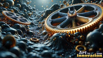 A gold cog rests on dark bumpy ground with bright specks