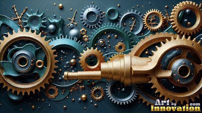 Toothed golden wheels and teal gears lie scattered across a dark textured surface