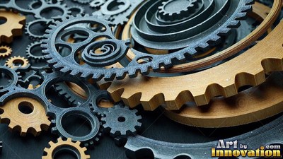Metal gears pile together in close layers, reflecting soft light on yellow wood