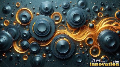 Laid flat on a dark surface, dark gray gears rest in swirls of gold ribbons