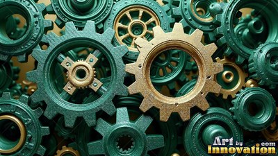Green and gold metal gears interlock closely in soft lighting