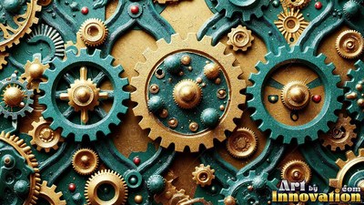 On a gold surface, teal and brass gears interlock in shallow focus