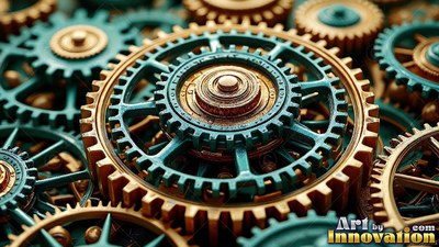 Interlocking in close view, round bronze and teal gears turn together