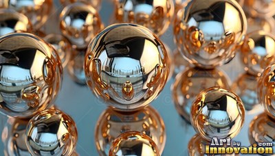Shiny gold metal spheres reflecting bright blue light