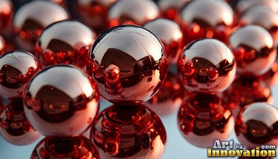 Polished reflective surfaces cover red chrome ball bearings resting on a shiny mirror