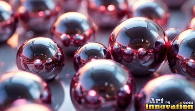 Polished steel spheres cluster together, reflecting warm pink and red highlights