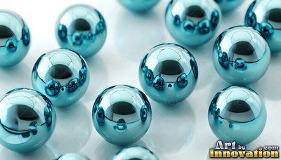 Scattered from above across a white surface, shiny blue steel balls reflect light