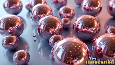Shiny pink metallic spheres resting on a smooth reflective surface