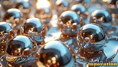 On a wet metal tray, shiny chrome ball bearings reflect warm lights
