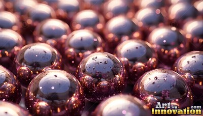 Resting together in rows, shiny purple metal spheres reflect soft light