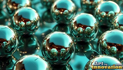 Shiny teal metal spheres resting on a smooth surface