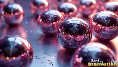 Polished purple glass marbles reflect light on a smooth surface with pink glints