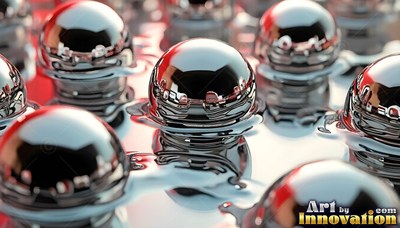 Polished steel spheres rest in liquid chrome, catching reflections of red light
