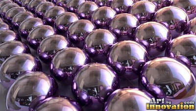 Tilted diagonally across a surface, purple shiny metal spheres rest in neat rows
