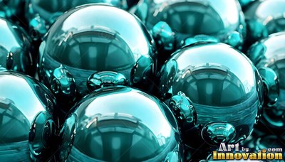 Shiny teal chrome spheres sit packed tightly together in bright light