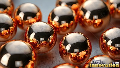On a pale surface, polished copper ball bearings reflect bright light