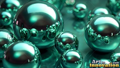 Resting together, shiny teal metal spheres reflect light on a flat surface
