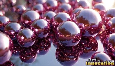 Shiny purple metallic spheres gathered on a mirror surface