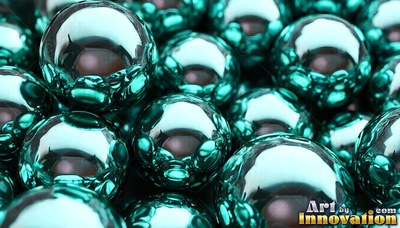 Reflective surfaces cover a pile of teal metal balls gathered in soft light